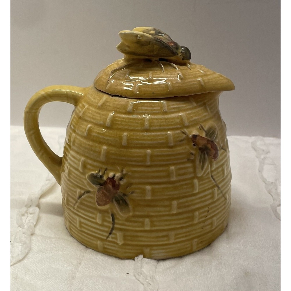Vintage Bee Hive Yellow Ceramic Honey Pot Pitcher With Lid And Handle